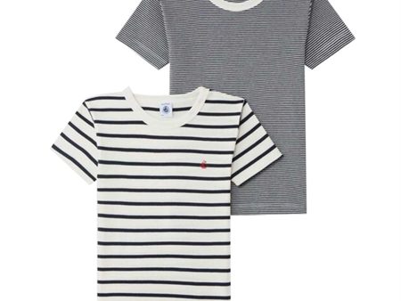 Petit Bateau T-shirt MC 2-pak White Navy Stripes For Sale